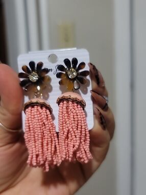 Beaded Tassel Drop Earrings - Pink